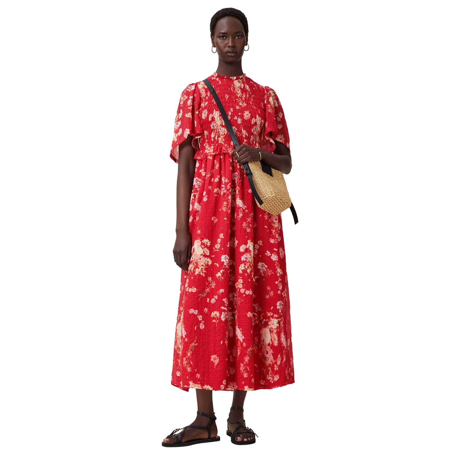 AllSaints Mya Floral Print Shirred Midi Dress